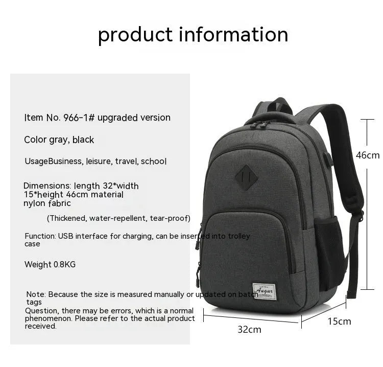 Grey and black nylon USB charging backpack with trolley case slot.