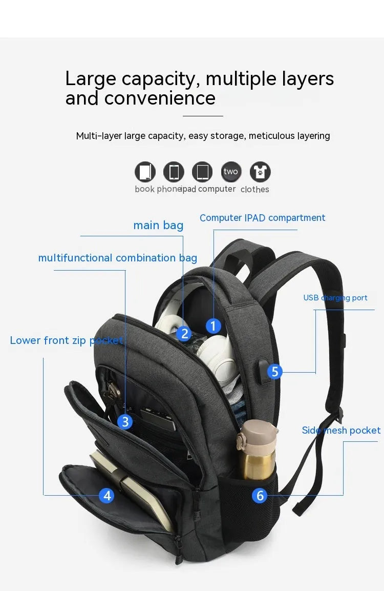 Grey and black nylon USB charging backpack with trolley case slot.