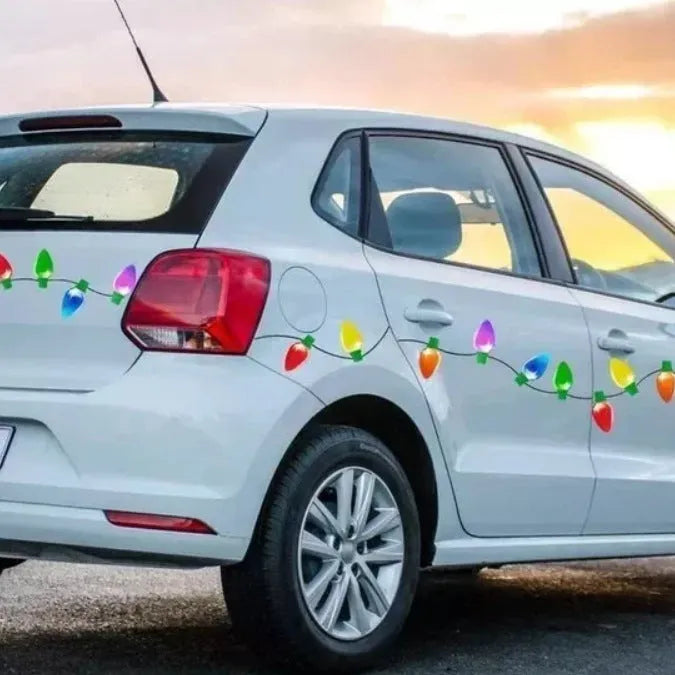 Christmas decorative set with reflective bulb and wire shapes on a magnetic backing for car and fridge decoration.