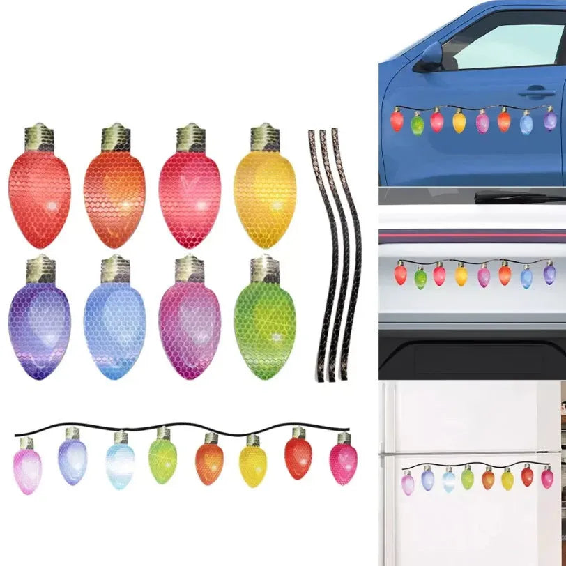 Christmas decorative set with reflective bulb and wire shapes on a magnetic backing for car and fridge decoration.