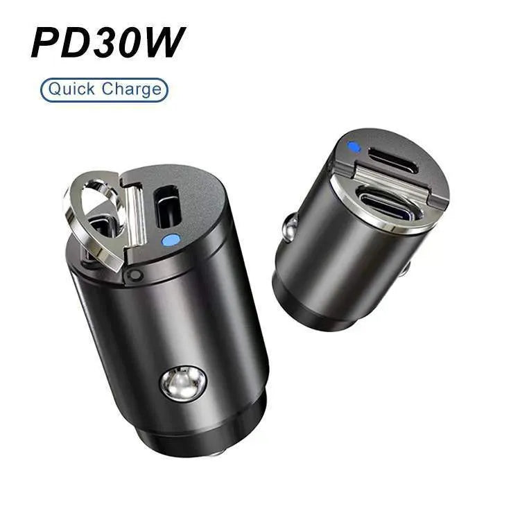 Compact 30W car cigarette lighter charger with zinc alloy housing for PD and QC fast charging