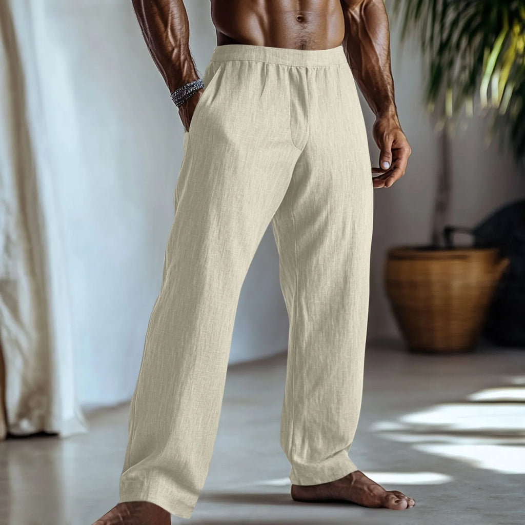 Men's straight-leg casual trousers in a cotton linen blend, shown in a solid colour with side pockets visible.