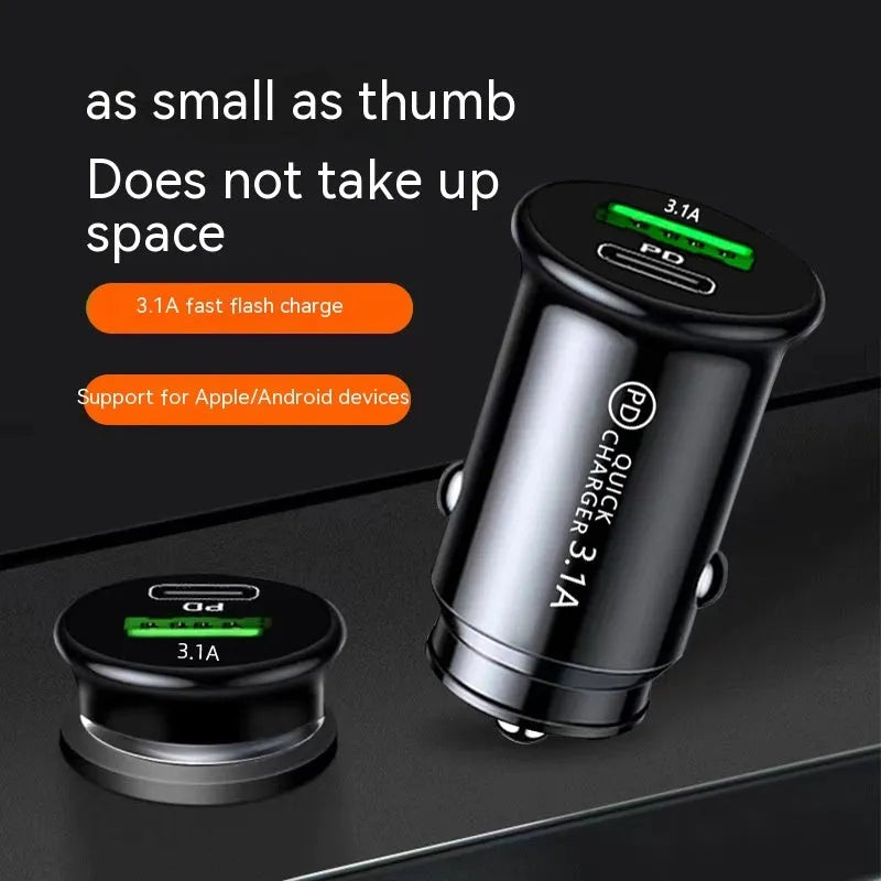 Dual port car charger converter with bare metal finish in black and white colors