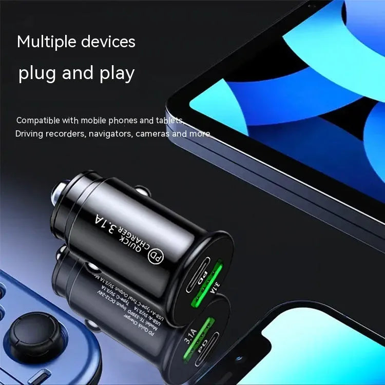 Dual port car charger converter with bare metal finish in black and white colors