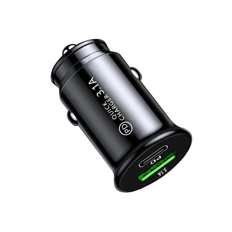 Dual port car charger converter with bare metal finish in black and white colors