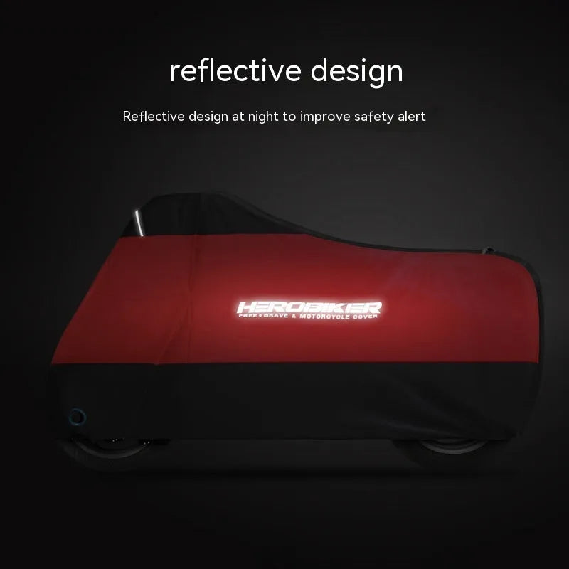 Motorcycle rain cover in black polyester material shown covering vehicle
