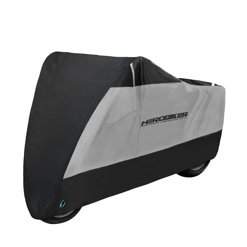 Motorcycle rain cover in black polyester material shown covering vehicle