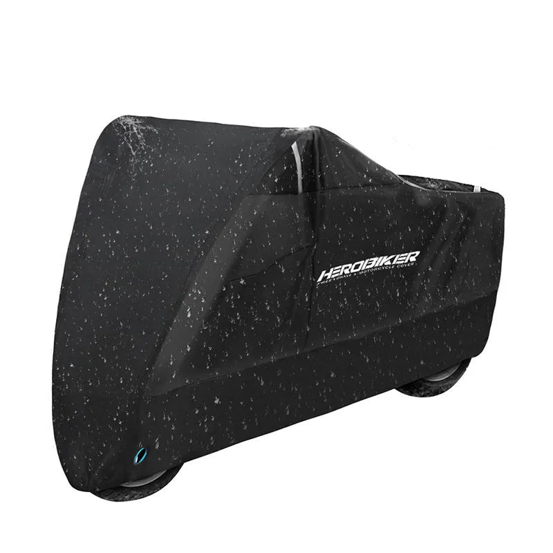 Motorcycle rain cover in black polyester material shown covering vehicle