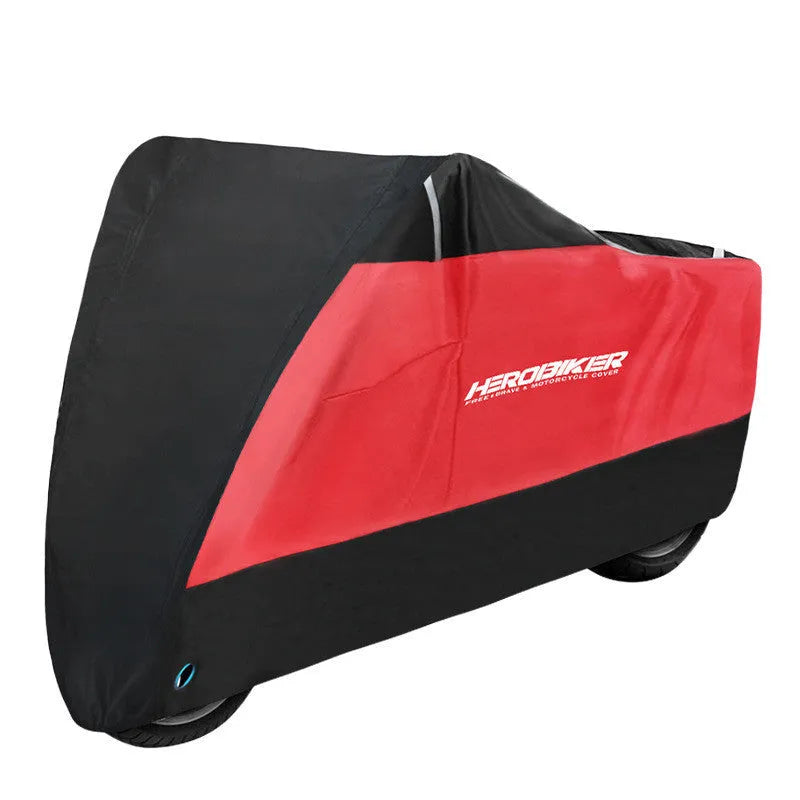 Motorcycle rain cover in black polyester material shown covering vehicle