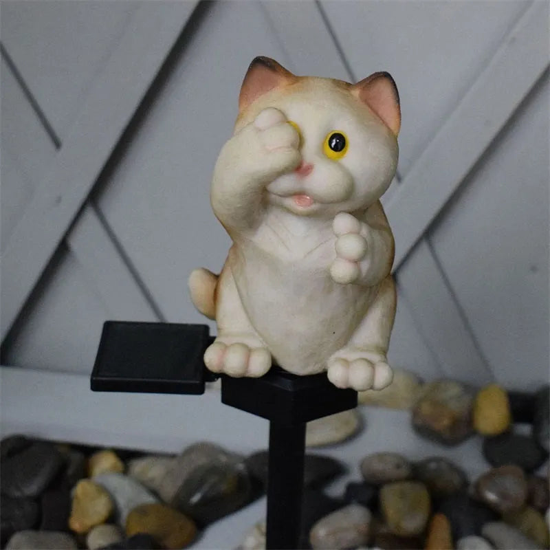 Brown and grey cat-shaped resin solar lawn light for outdoor gardens