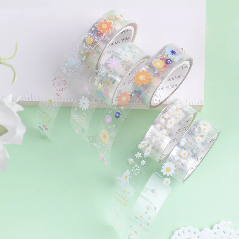 Transparent cartoon decorative adhesive tape rolls showing Midsummer Daisy colour design on clear PET backing