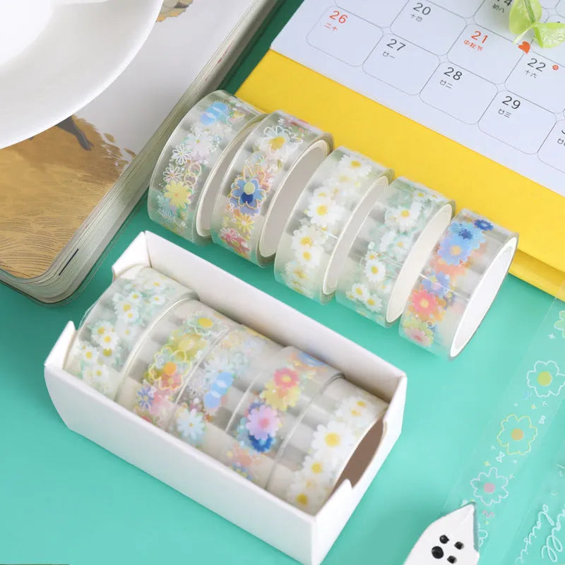 Transparent cartoon decorative adhesive tape rolls showing Midsummer Daisy colour design on clear PET backing