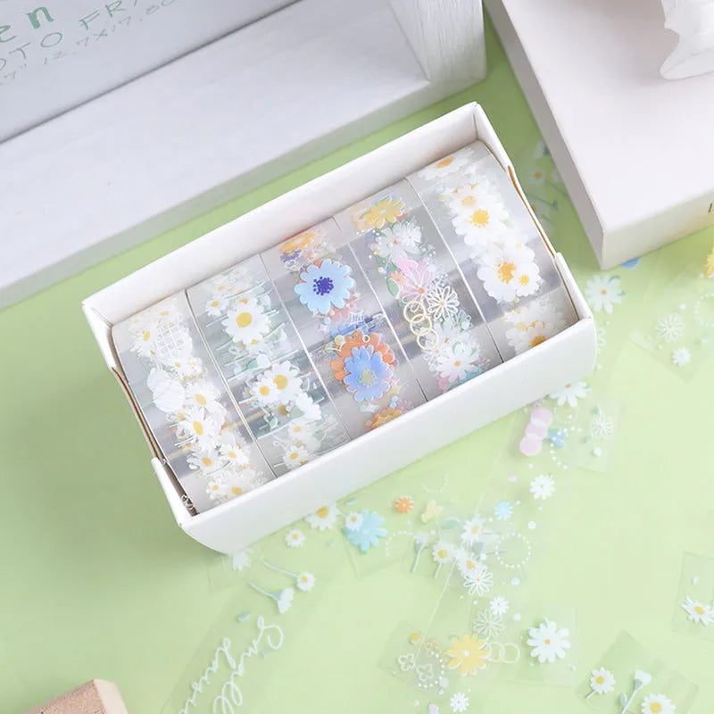 Transparent cartoon decorative adhesive tape rolls showing Midsummer Daisy colour design on clear PET backing