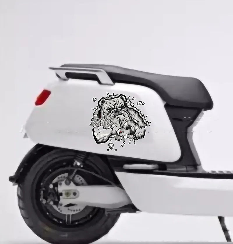 Grey dog pattern motorcycle decorative sticker showing 17x17cm dimensions with custom sizing option