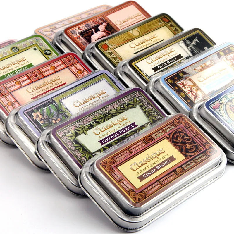 Rectangular quick-dry oily ink pad for rubber stamps in five colour options.