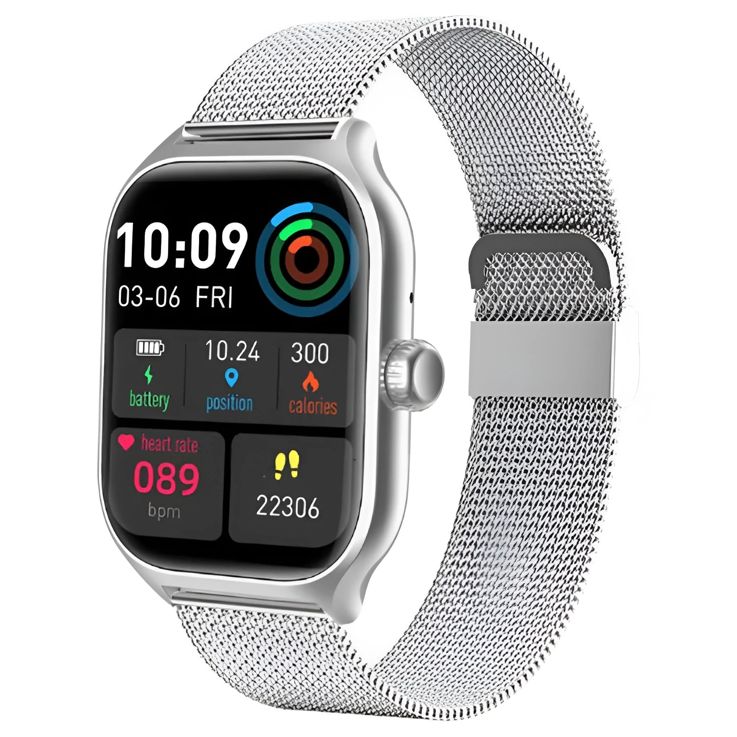 Bluetooth smart watch with touch screen display showing heart rate and step count data