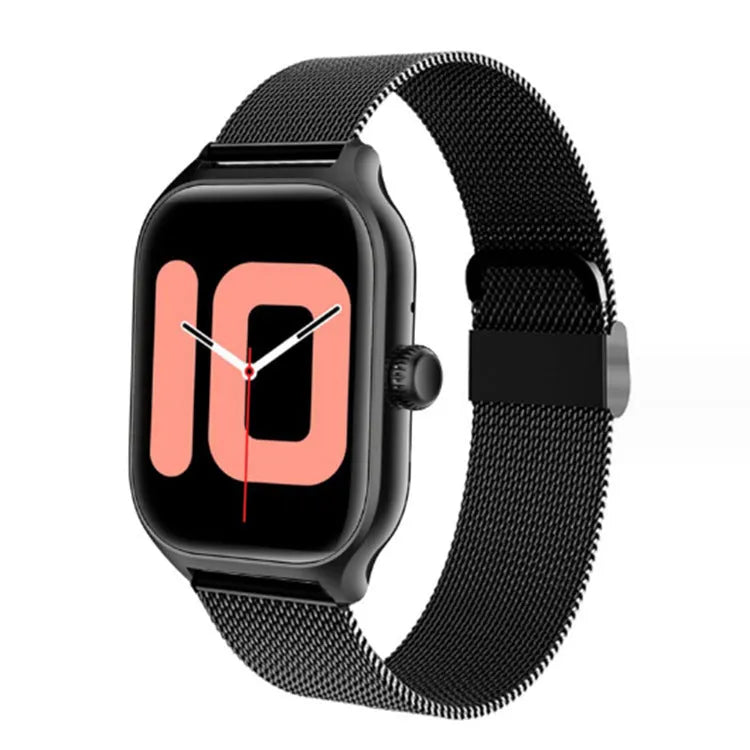 Bluetooth smart watch with touch screen display showing heart rate and step count data