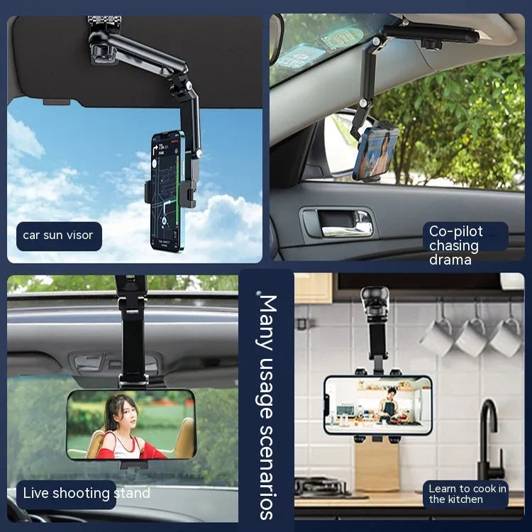 Grey and green car mobile phone holder bracket with one-click stable clip for dashboard mounting.