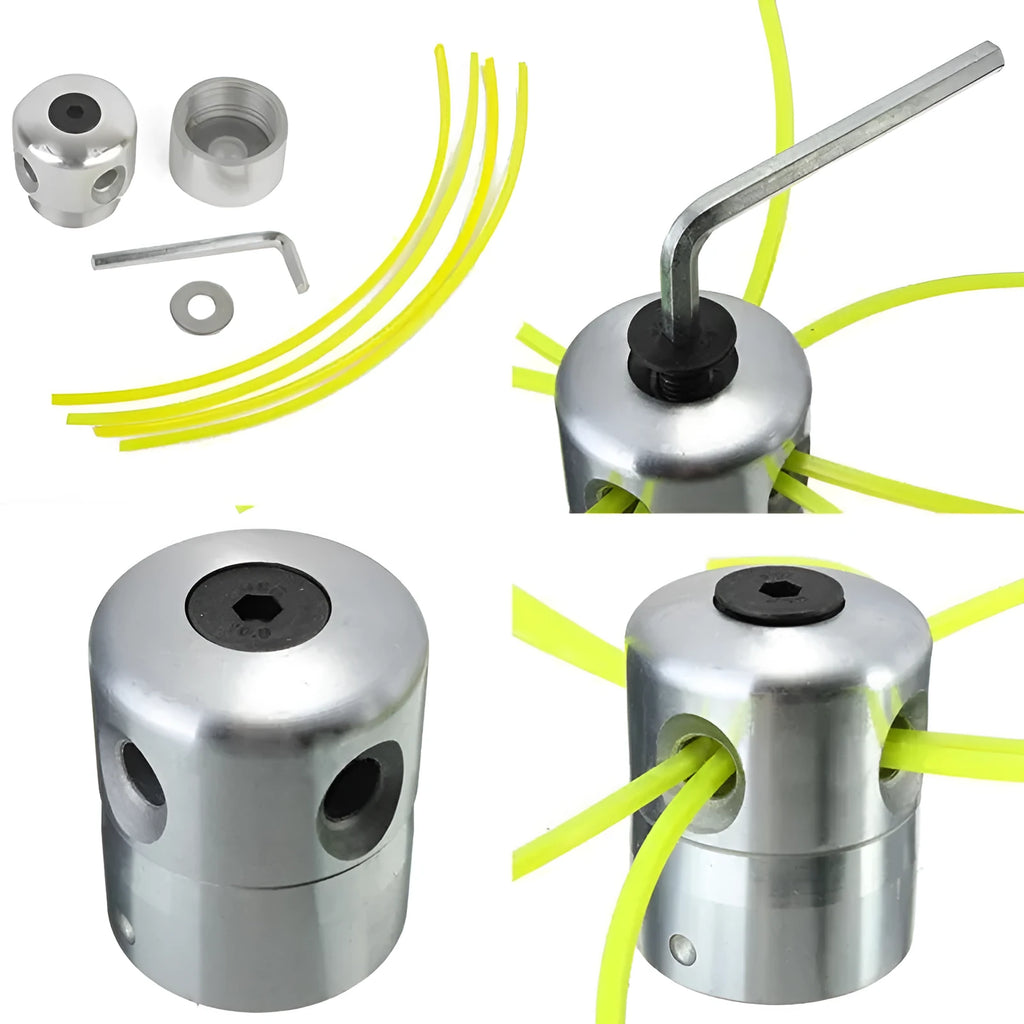 Luzhu aluminium lawn mower trimmer head accessory kit with four light yellow nylon cords and a wrench