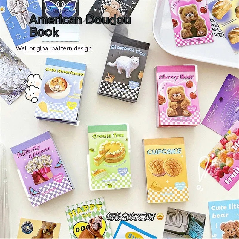 American retro cartoon sticker book with 50 adhesive 4x6cm journal decoration stickers in six colours
