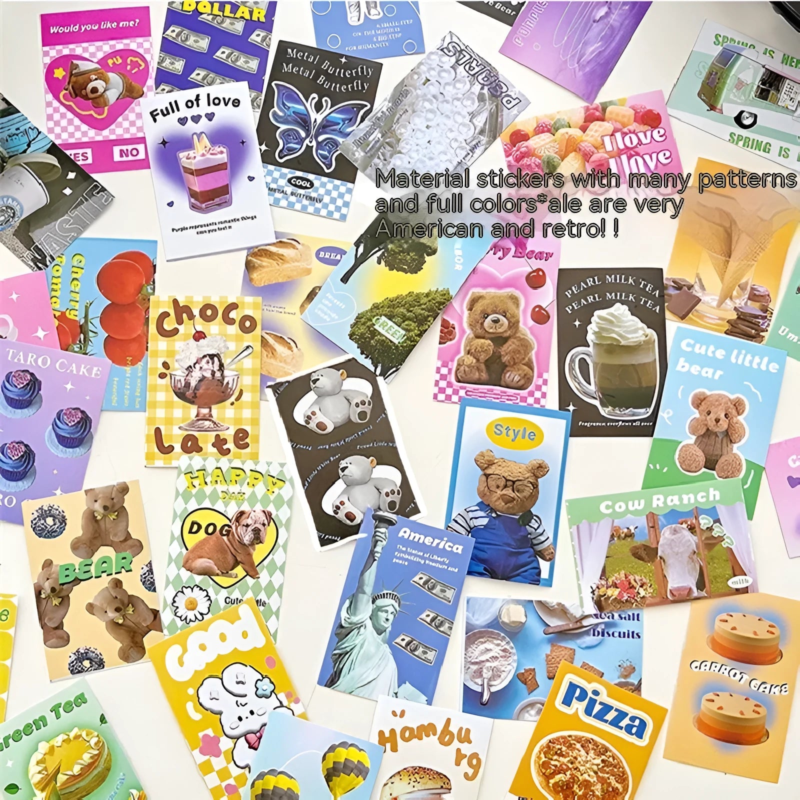 American retro cartoon sticker book with 50 adhesive 4x6cm journal decoration stickers in six colours