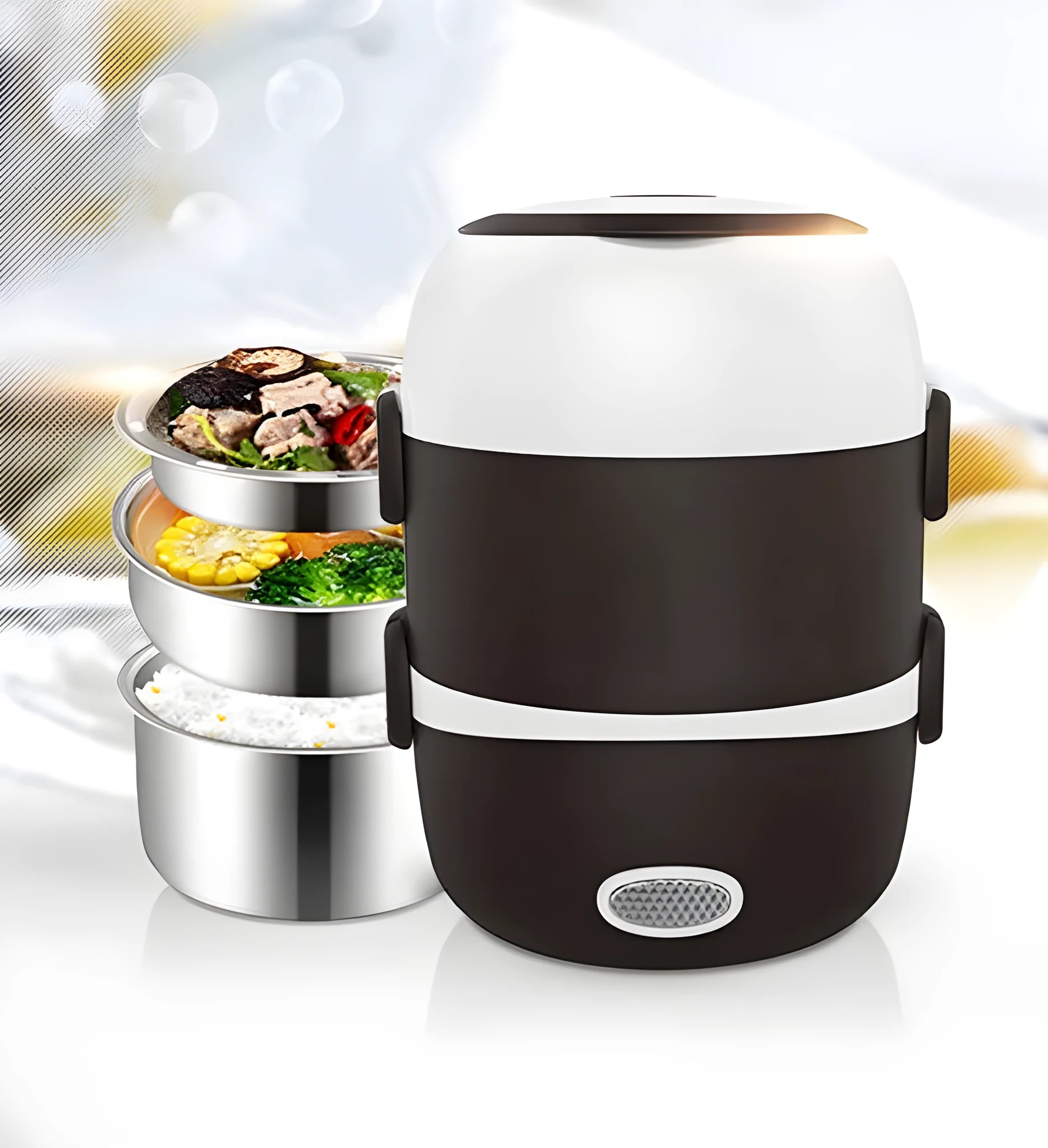 USB-powered electric lunch box showing 190mm dimensions and layered design