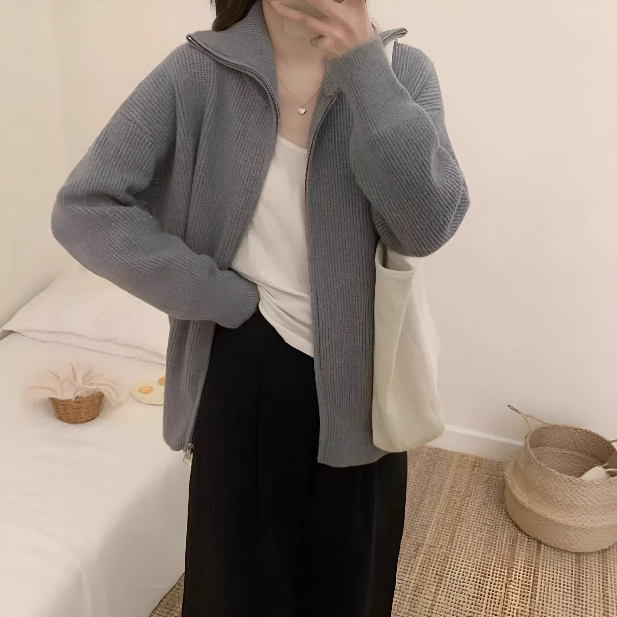 Hong Kong style floral patterned double zipper knitted cardigan in loose fit