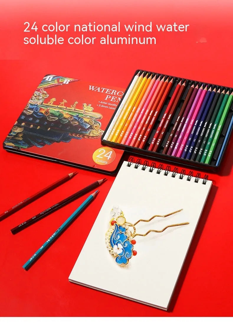 Box of 24 water-soluble coloured pencils in a professional silver metal brush-iron case.