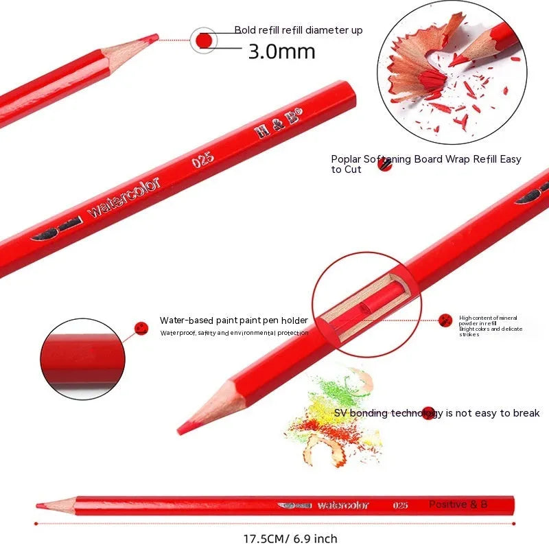 Box of 24 water-soluble coloured pencils in a professional silver metal brush-iron case.