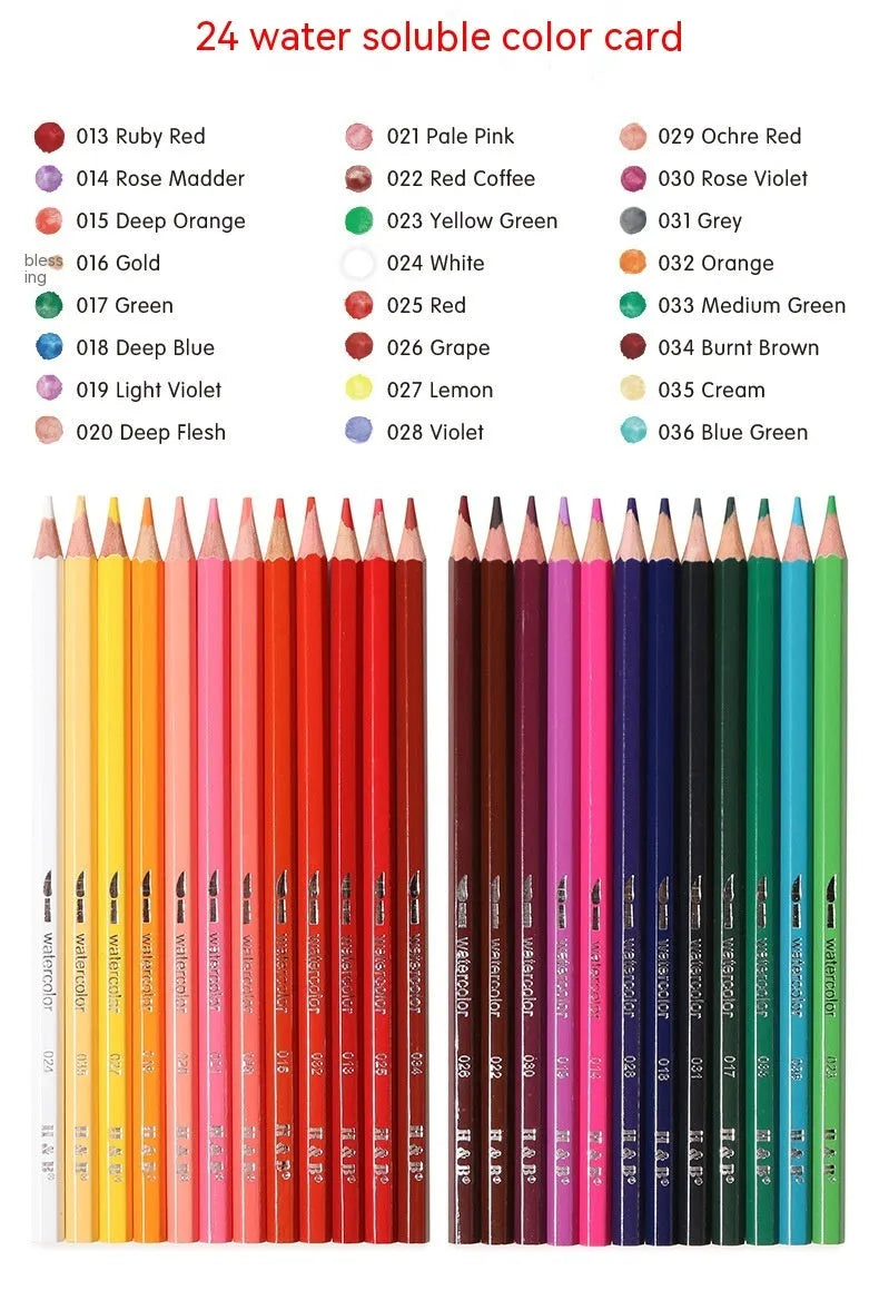 Box of 24 water-soluble coloured pencils in a professional silver metal brush-iron case.