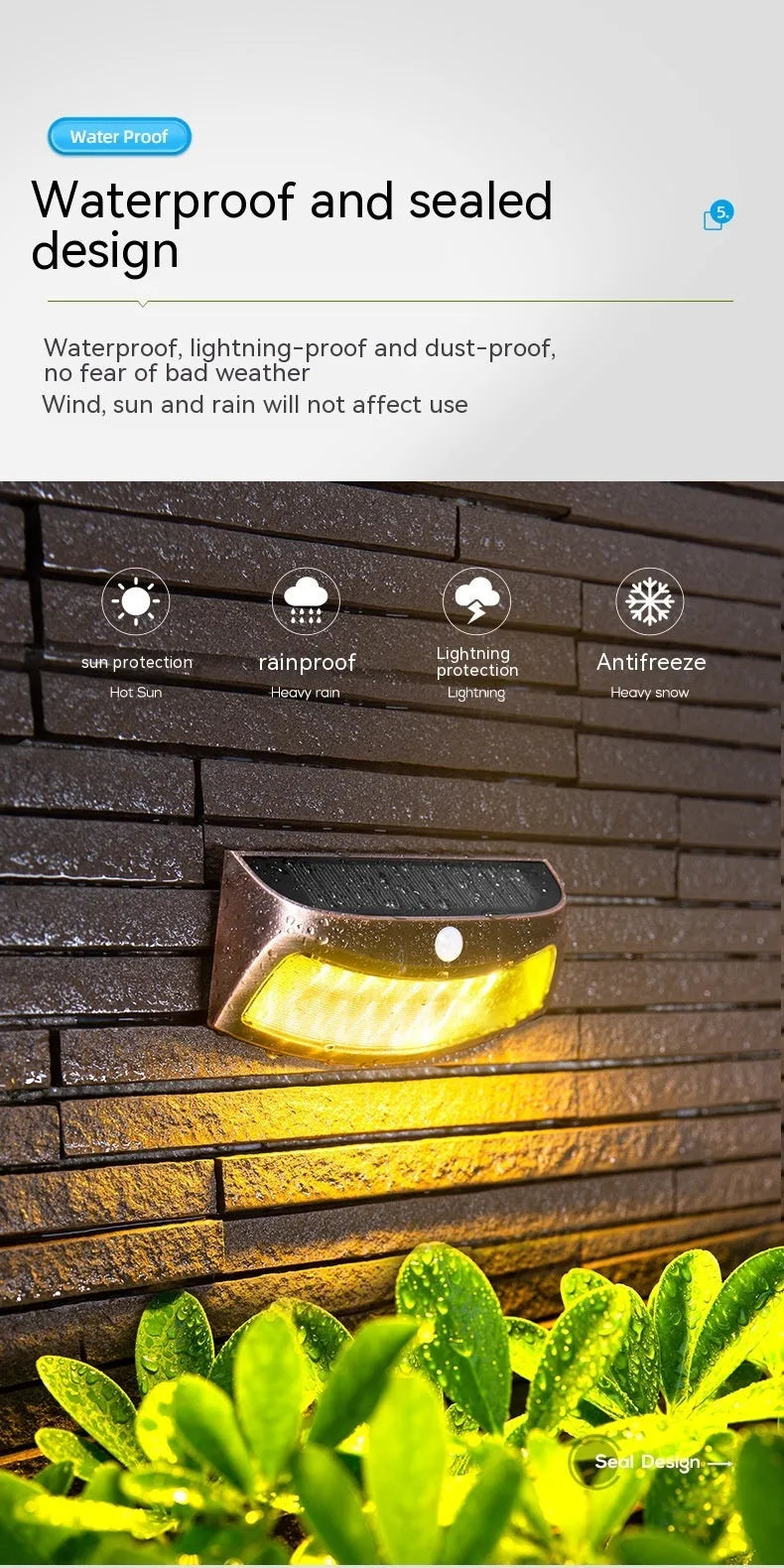 Solar-powered outdoor wall lamp with a smiling face design in warm or white light.