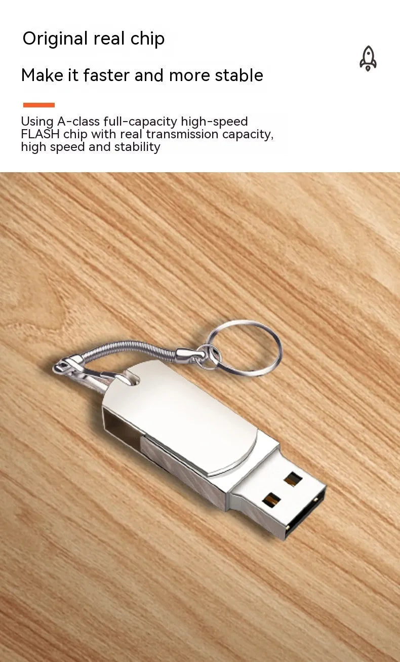 White rotating metal USB flash drive with 16GB capacity shown next to a ruler for scale.