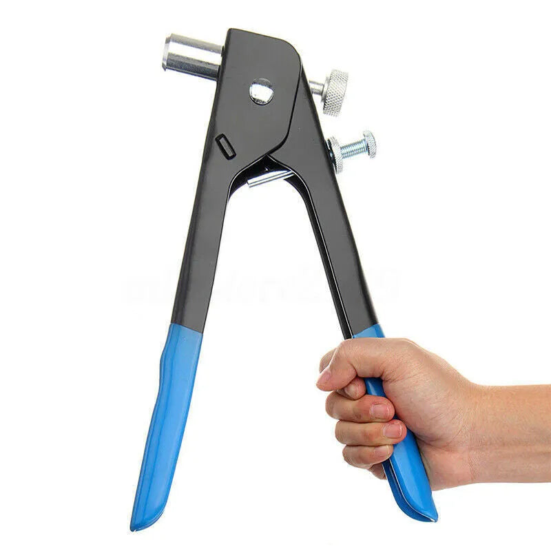 Alloy steel manual riveter tool with interchangeable nosepieces for 86pc or 106pc nut gun set configurations