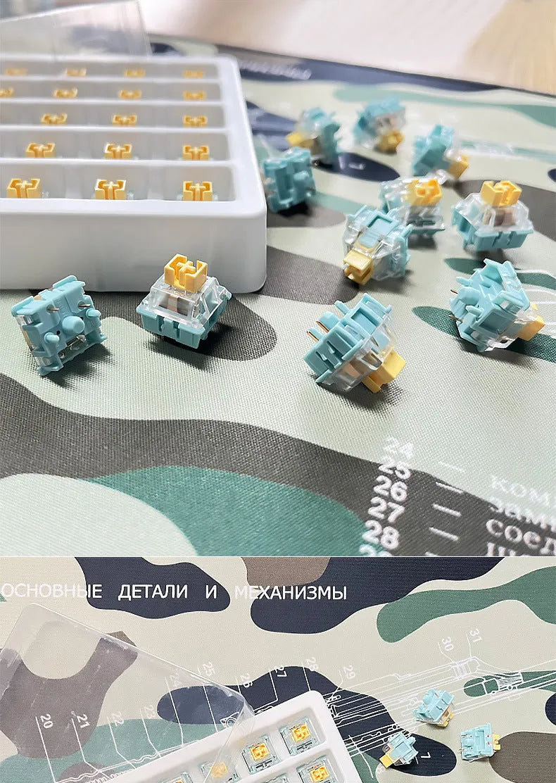 36 Sea Salt Lemon PRO Mute mechanical keyboard switches with transparent housings on a white background.