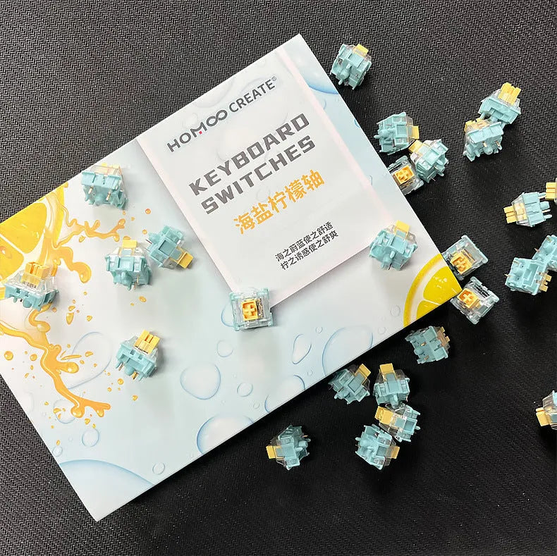 36 Sea Salt Lemon PRO Mute mechanical keyboard switches with transparent housings on a white background.