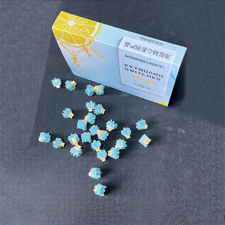 36 Sea Salt Lemon PRO Mute mechanical keyboard switches with transparent housings on a white background.