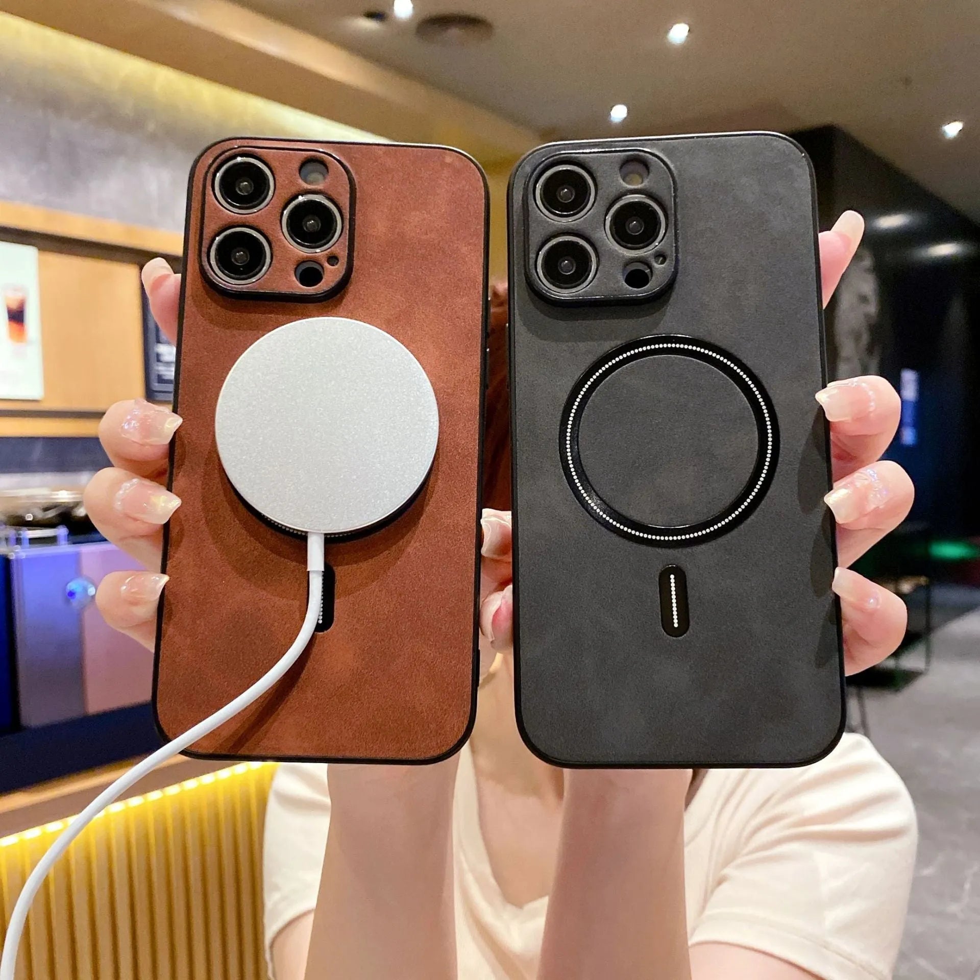 Magnetic PC phone case for iPhone in dark gray with camera cutout and raised edges