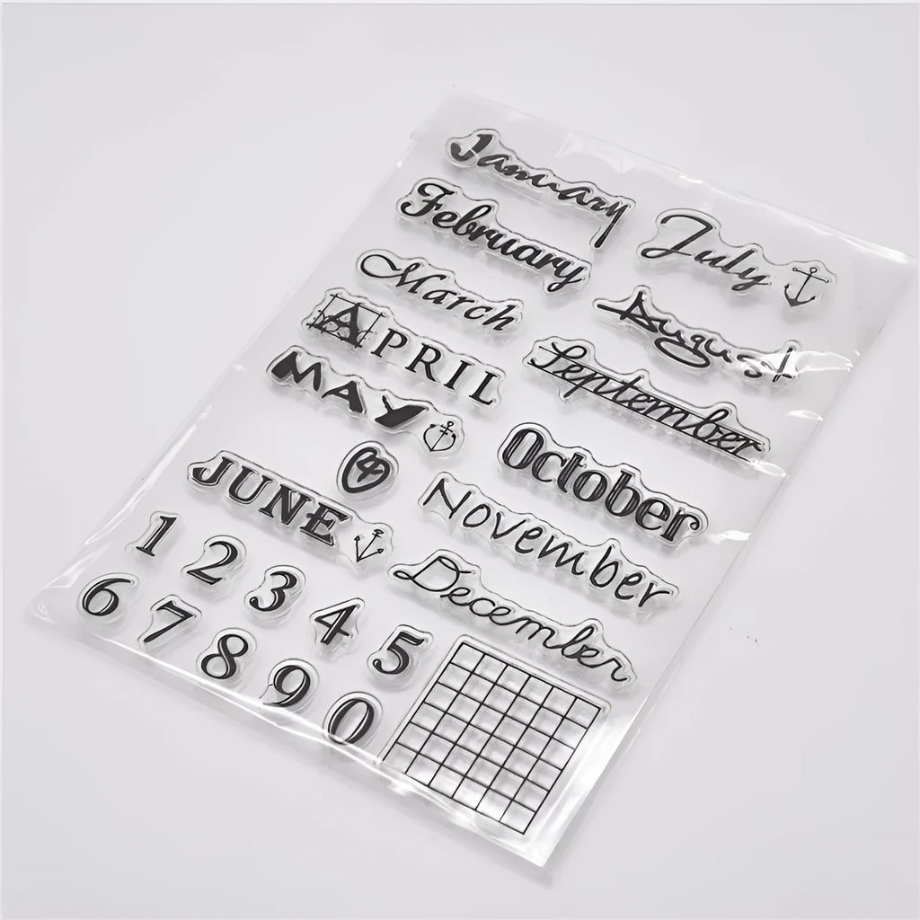 Vintage icon seal calendar stamp in transparent silicone on a crafting surface.