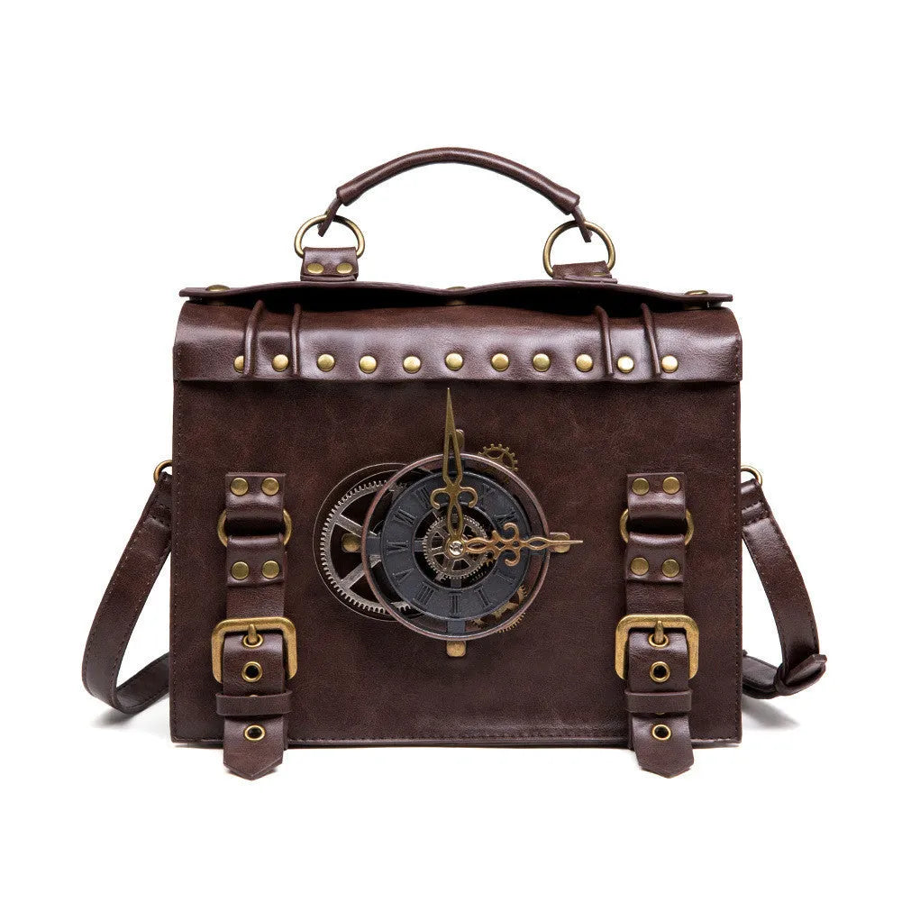 Bronze steampunk industrial retro style square shoulder bag with metal details.
