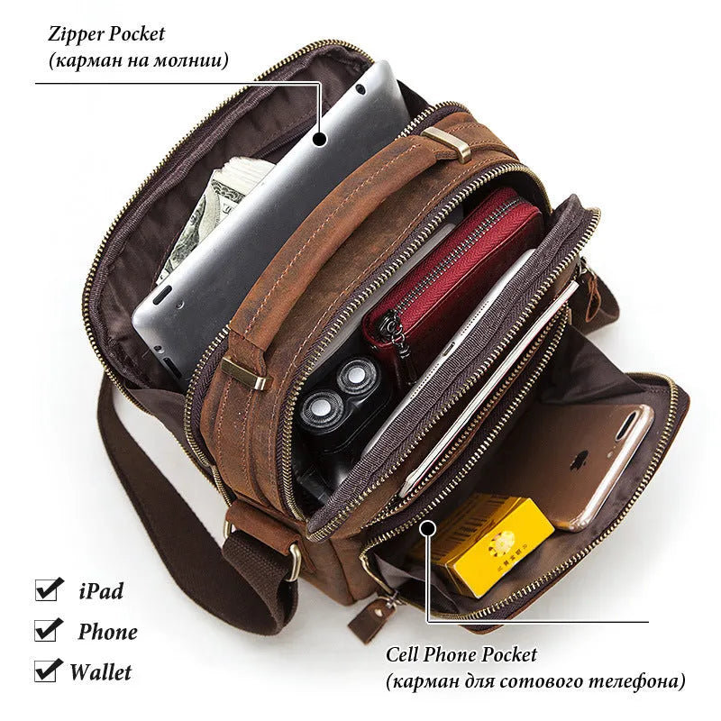 Men's brown genuine leather retro style crossbody bag with sewing line detail.