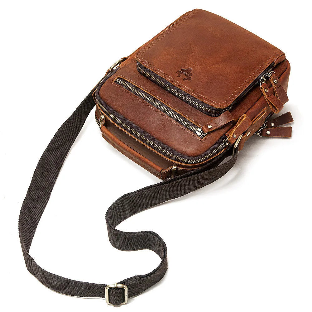 Men's brown genuine leather retro style crossbody bag with sewing line detail.
