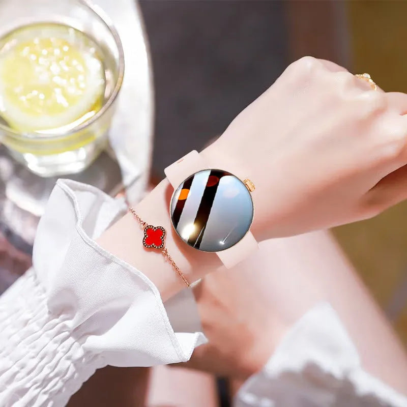 Women's circular smart watch with colour touch screen and metal strap in three colour options