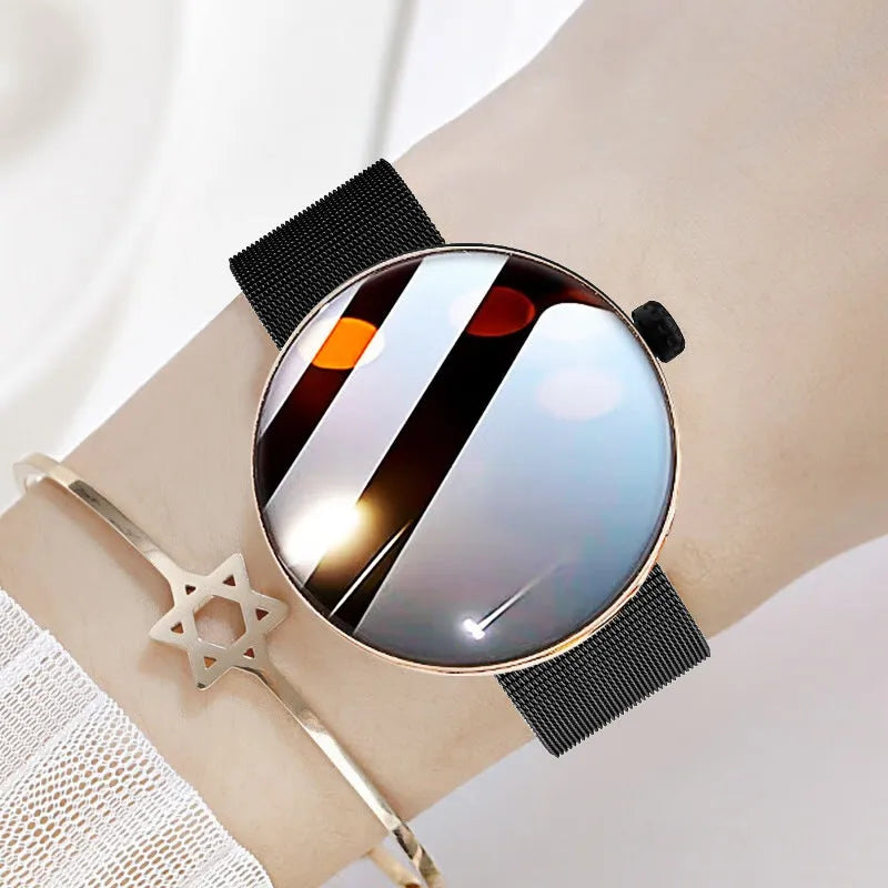 Women's circular smart watch with colour touch screen and metal strap in three colour options