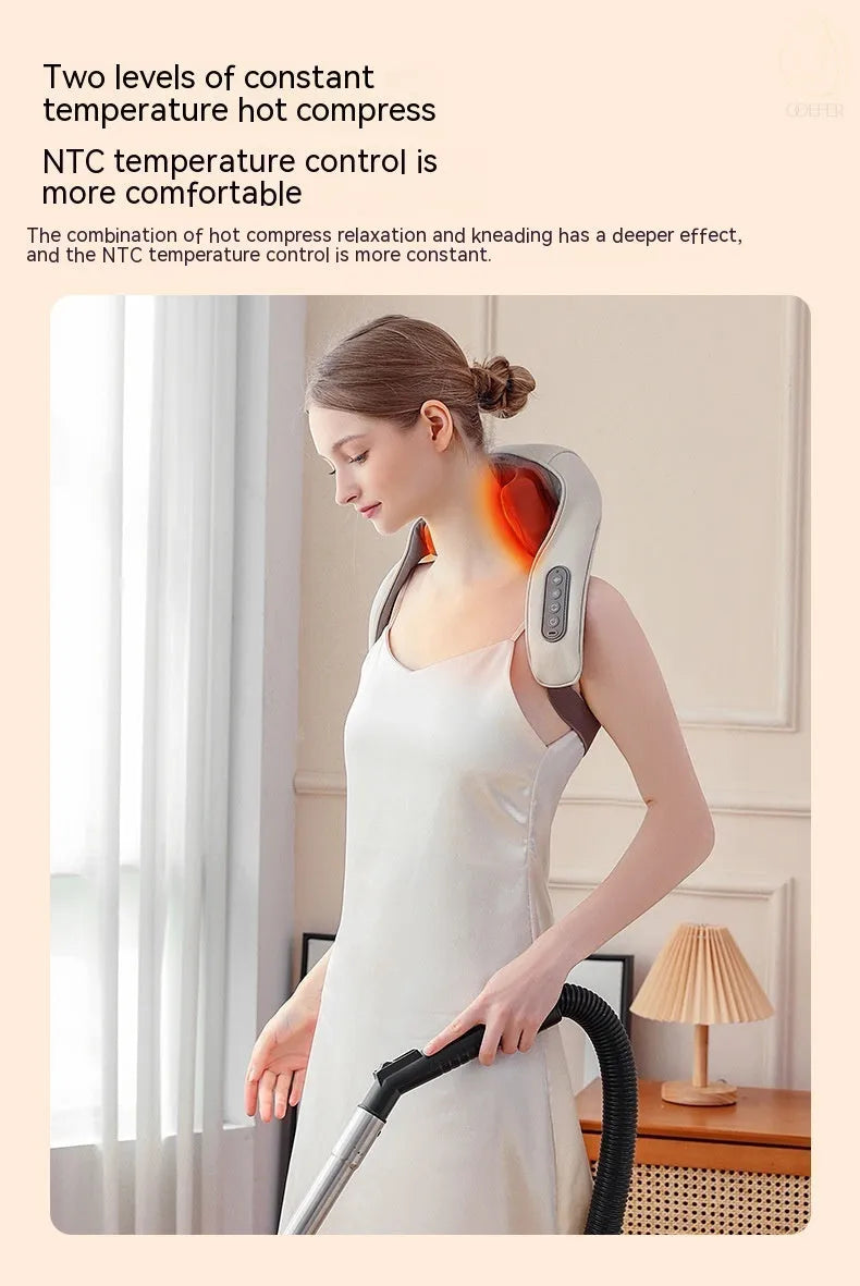 Milky white shoulder and neck massager with kneading mechanism and infrared therapy function