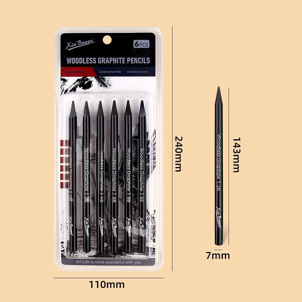 Graphite sketching pencil set with six art grades from HB to EE in wood-free construction