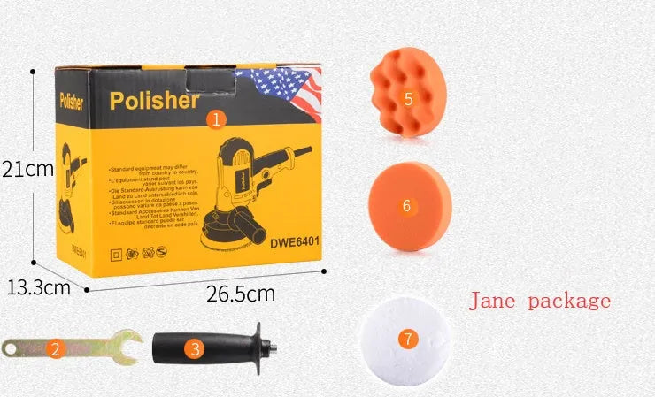 Yellow automotive polishing machine with 125mm disc on a workbench
