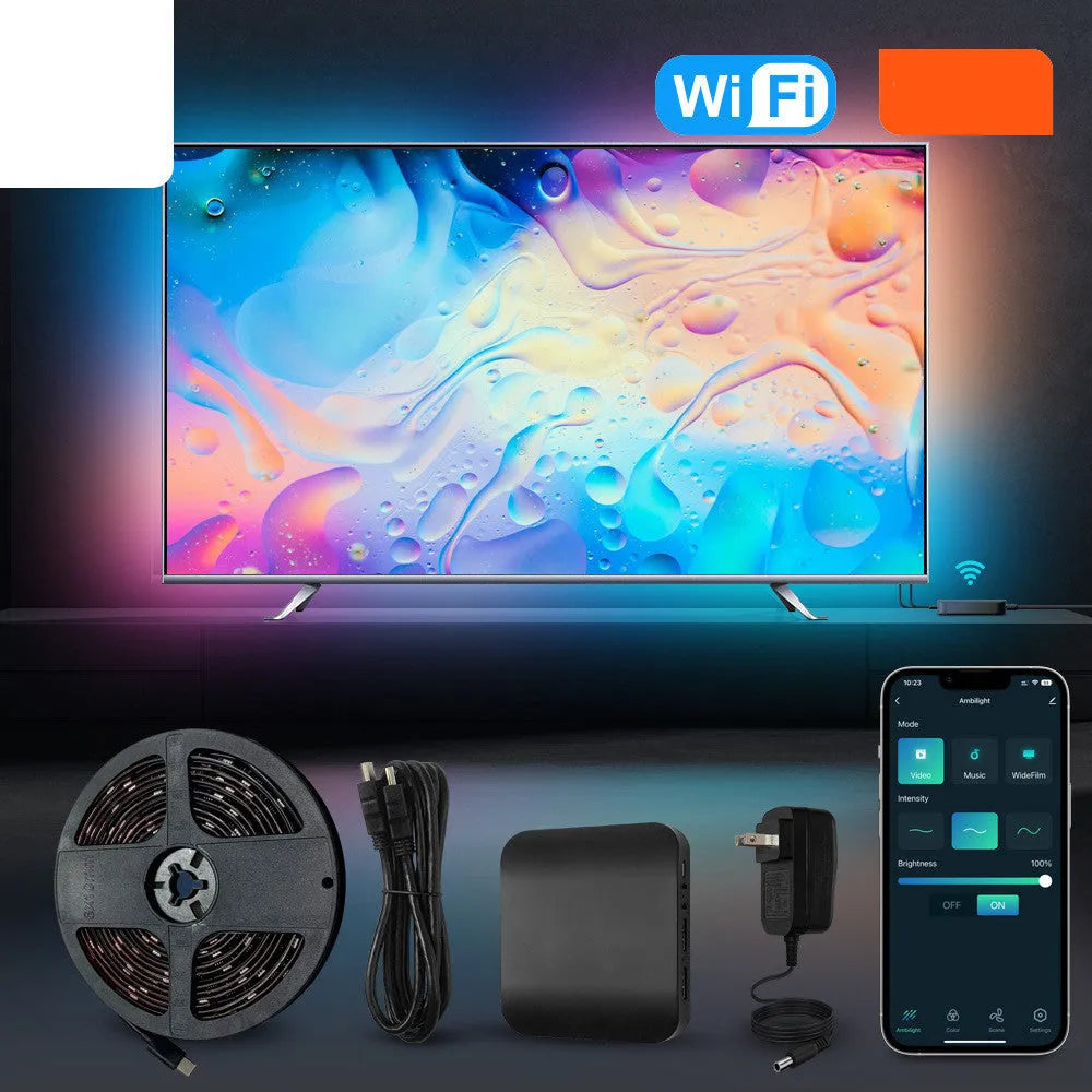 Smart LED TV backlight strip with app control in graffiti design showing three length options