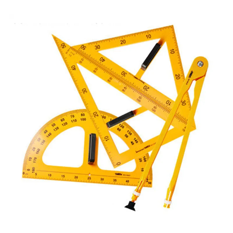 Mathematics teaching tools set with orange and black triangle rulers, protractor, and chalk compass