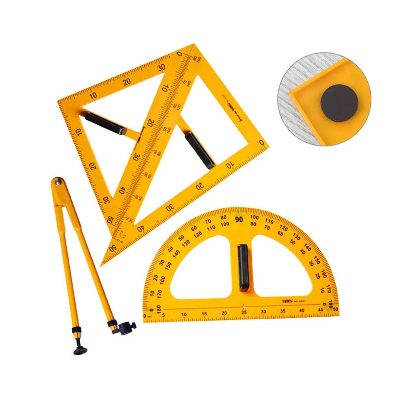 Mathematics teaching tools set with orange and black triangle rulers, protractor, and chalk compass