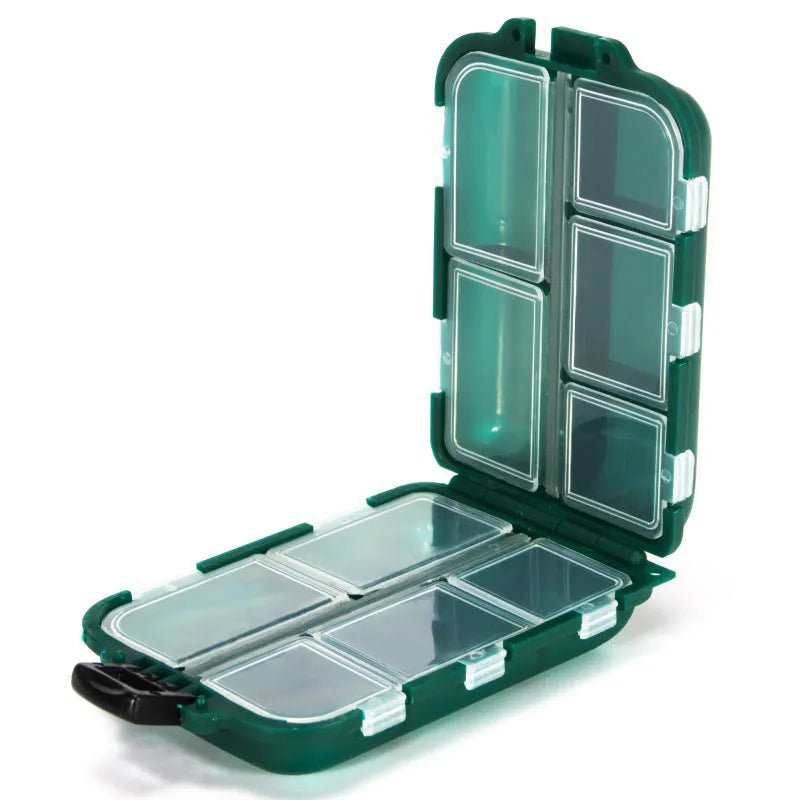Fishing tackle storage box with 10 compartments in black, green, or blue colour options